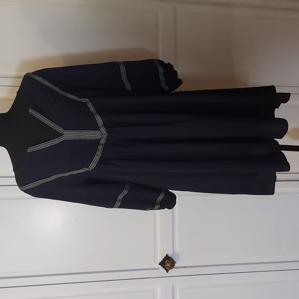 Boho Black Dress Lightweight V Neck With Ribbon Trim Size M